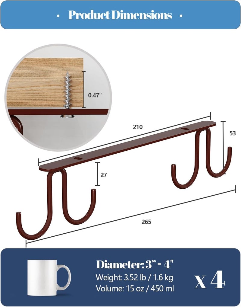 Luckinow Mug Hooks Under Cabinet 3 Pack, Coffee Cup Hooks for Hanging Under Shelf, Mug Organizer Rack with 12 Hooks for Displaying Mugs, Coffee Cups and Kitchen Utensils, Brown - Image 5